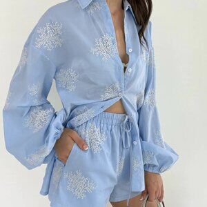 Commense Semi-Sheer Plant Embroidery Casual Shorts Set Size Large